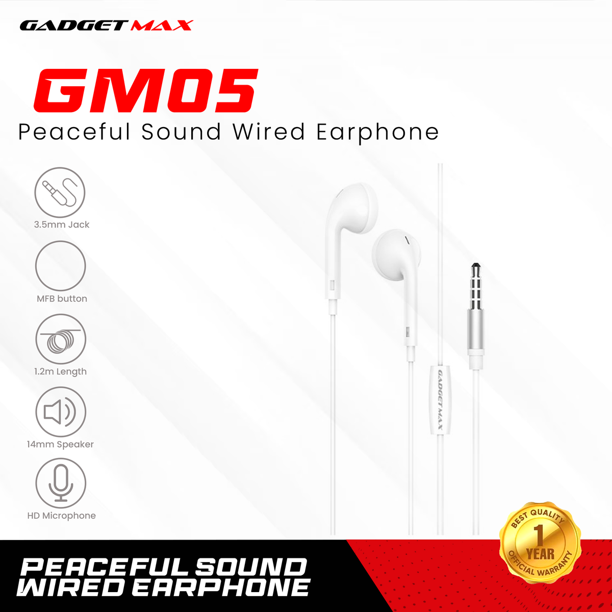 GADGET MAX GM05 PEACEFUL SOUND WIRED 3.5MM Wired Earphone (1.2M)(White)