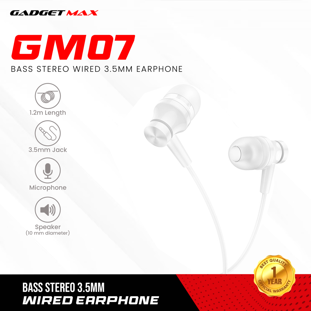 GADGET MAX GM07 BASS STEREO WIRED 3.5MM EARPHONE WITH MIC (1.2M) - WHITE