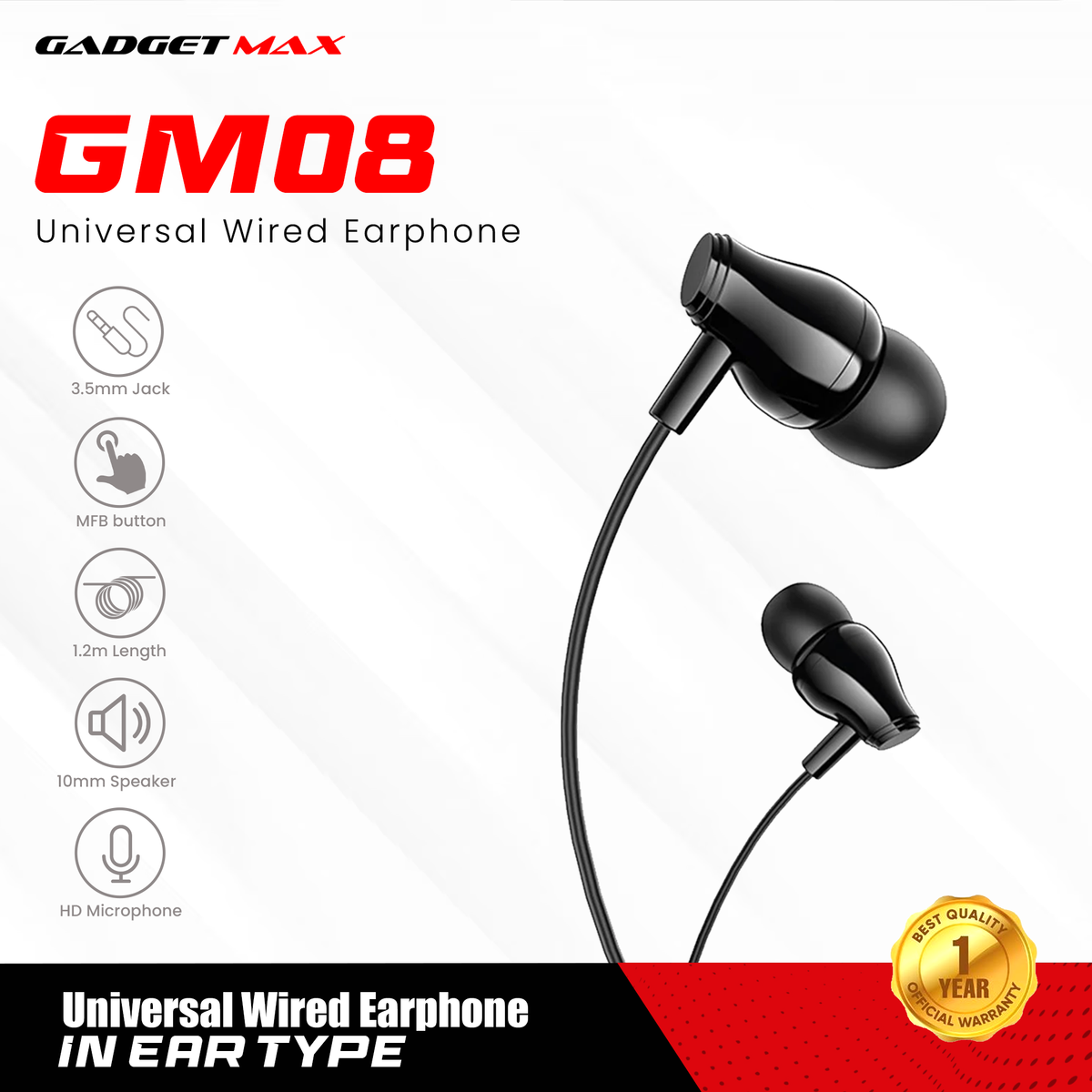 GADGET MAX GM08 UNIVERSAL WIRED 3.5MM EARPHONE WITH MIC (1.2M) - BLACK