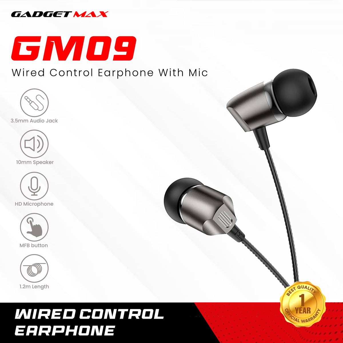 GADGET MAX GM09 WIRED CONTROL 3.5MM EARPHONE WITH MIC (1.2M) - GREY