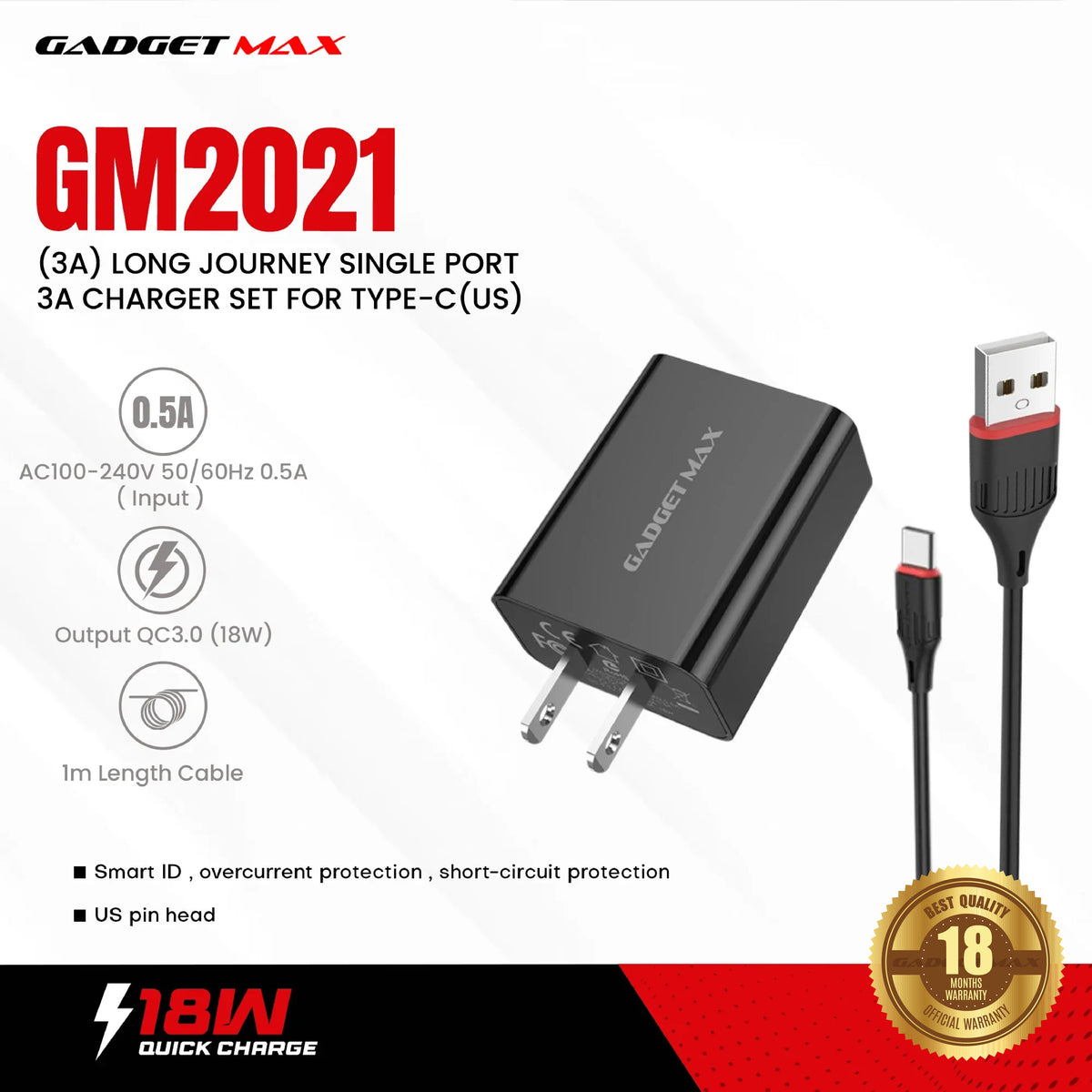 GADGET MAX - GM2021 Type-C Single Port Quick Charger Set ( 3A ) - Black