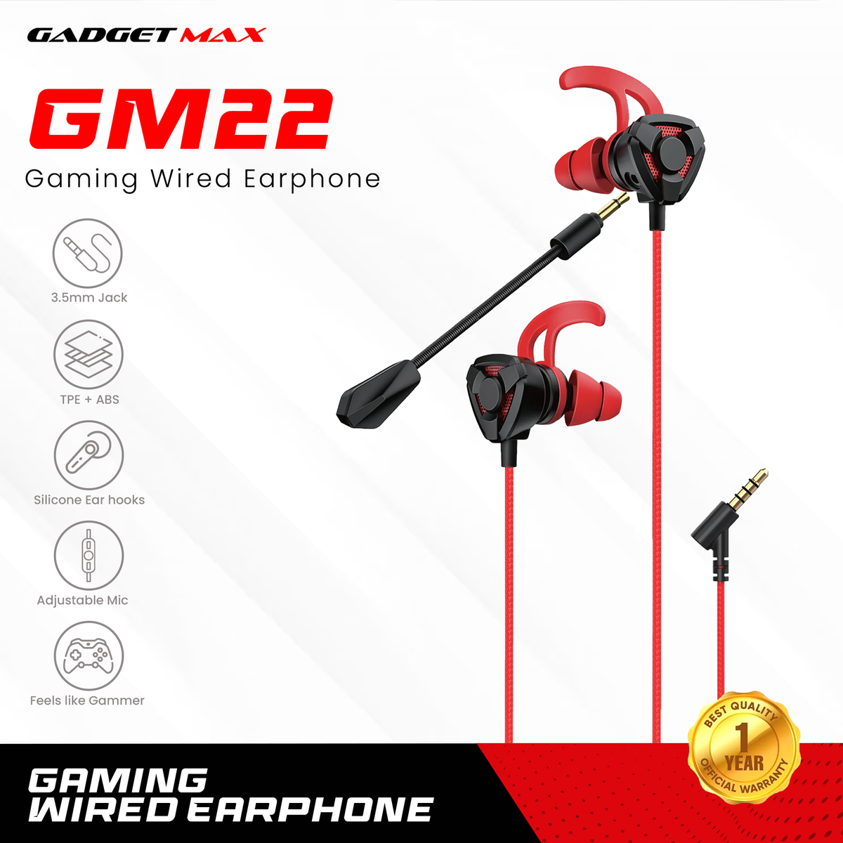 GADGET MAX GM22 3.5MM GAMING WIRED EARPHONE WITH MIC (1.2M) - BLACK & RED