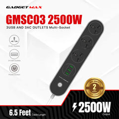 GADGET MAX GMSC03 2500W 3USB AND 3 AC OUTLETS  MULTI-SOCKET WITH 6.5 FEET CABLE LENGTH