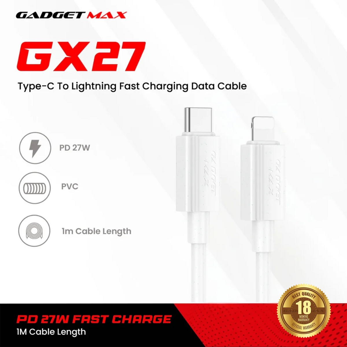 GADGET MAX - GX27 C-L TPE Series Type-C To Lightning Fast Charging Data Cable (27W) - White