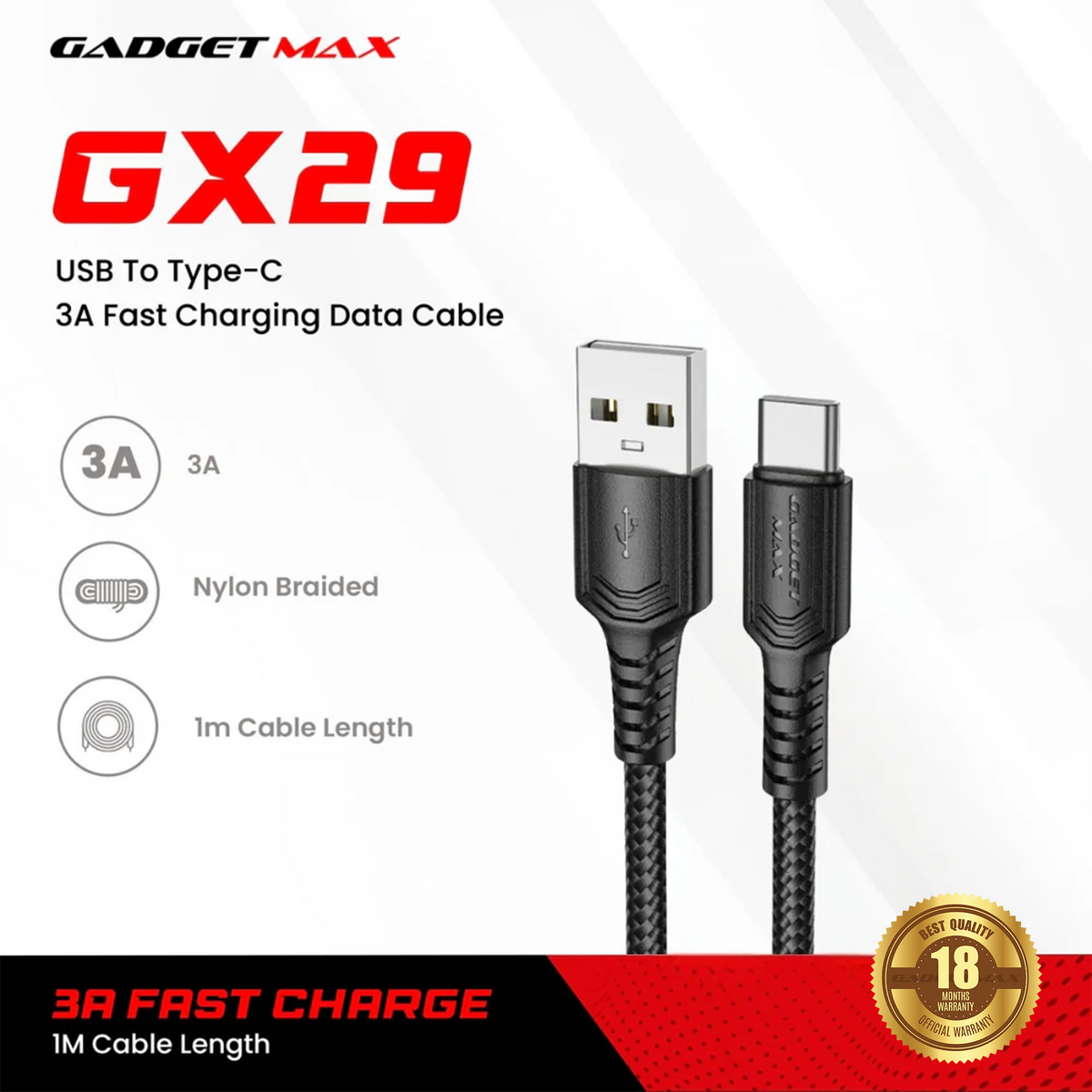 GADGET MAX - GX29 Woven Series USB To Type-C Fast Charging Data Cable (3A) - Black