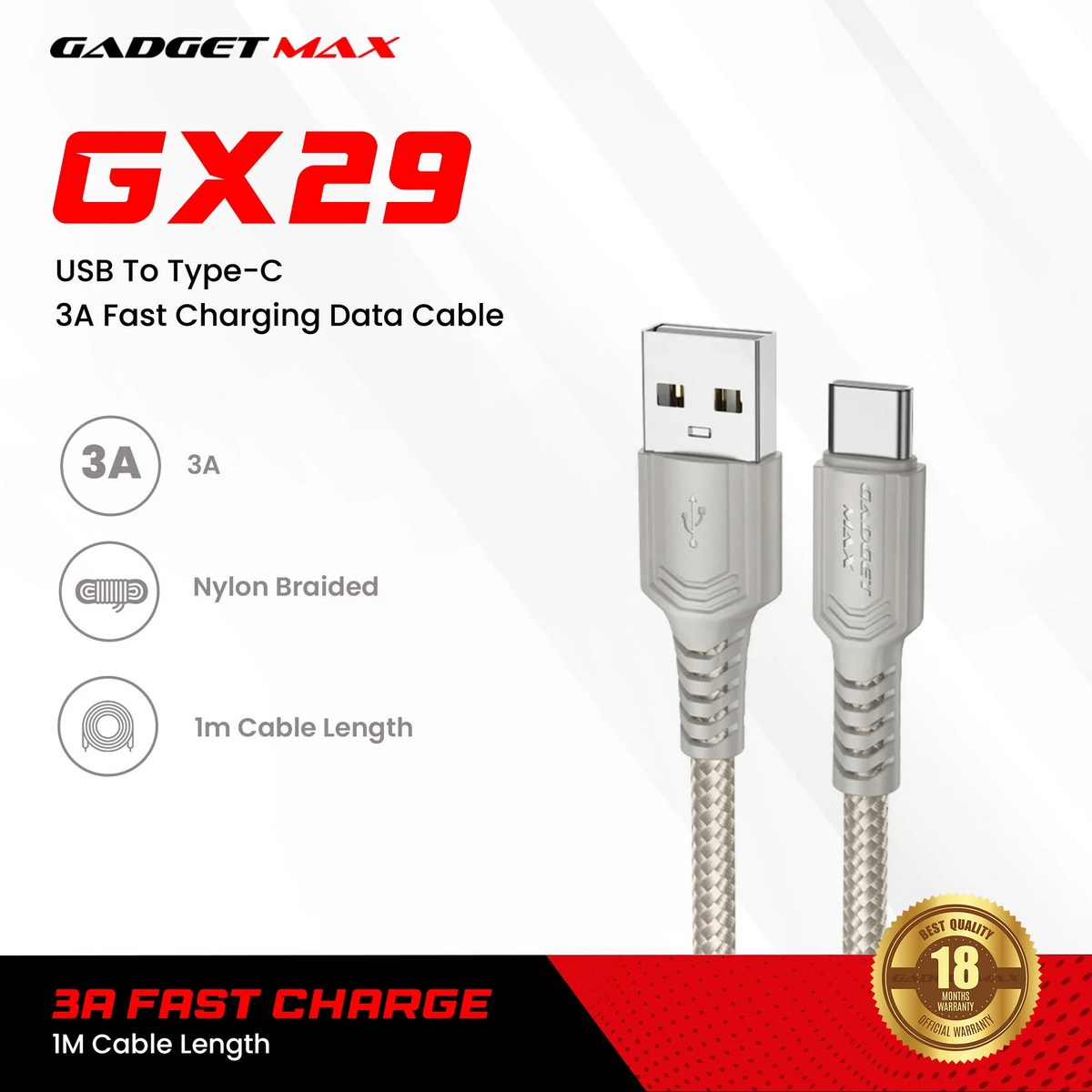 GADGET MAX - GX29 Woven Series USB To Type-C Fast Charging Data Cable (3A) - Grey