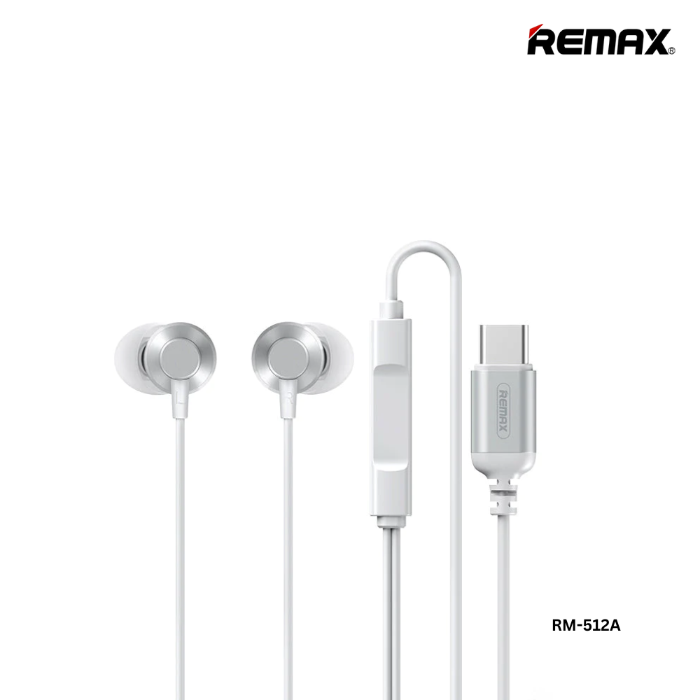 REMAX RM-512A TYPE-C EARPHONE (WIRED) ( METAL ), FOR MUSIC & CALL (1200MM),Type C Earphone , Type C Wired Earphone,Type C Headphone,Type C Stereo Sound Wired Headset ,USB C  headphon , Type C Wire Earphone