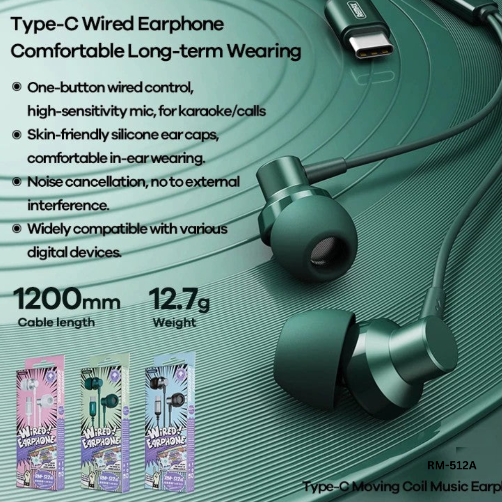 REMAX RM-512A TYPE-C EARPHONE (WIRED) ( METAL ), FOR MUSIC & CALL (1200MM),Type C Earphone , Type C Wired Earphone,Type C Headphone,Type C Stereo Sound Wired Headset ,USB C  headphon , Type C Wire Earphone