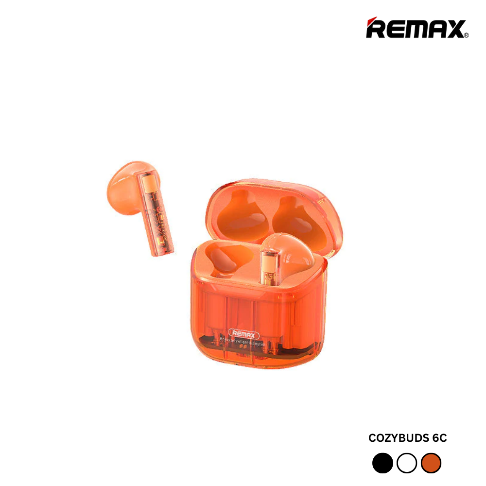 REMAX COZYBUDS 6C TWS AURORA SERIES CLEAR TRUE WIRLESS EARBUDS FOR MUSIC & CALL, Wireless Earbuds, Bluetooth Earbuds - ORANGE