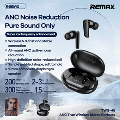 REMAX TWS-46 ANC TRUE WIRELESS STEREO EARBUDS , ANC EarbudsWITH DIGITAL DISPLAY (5.0 WIRELESS), ANC Earbuds, Stereo Earbuds (Black)