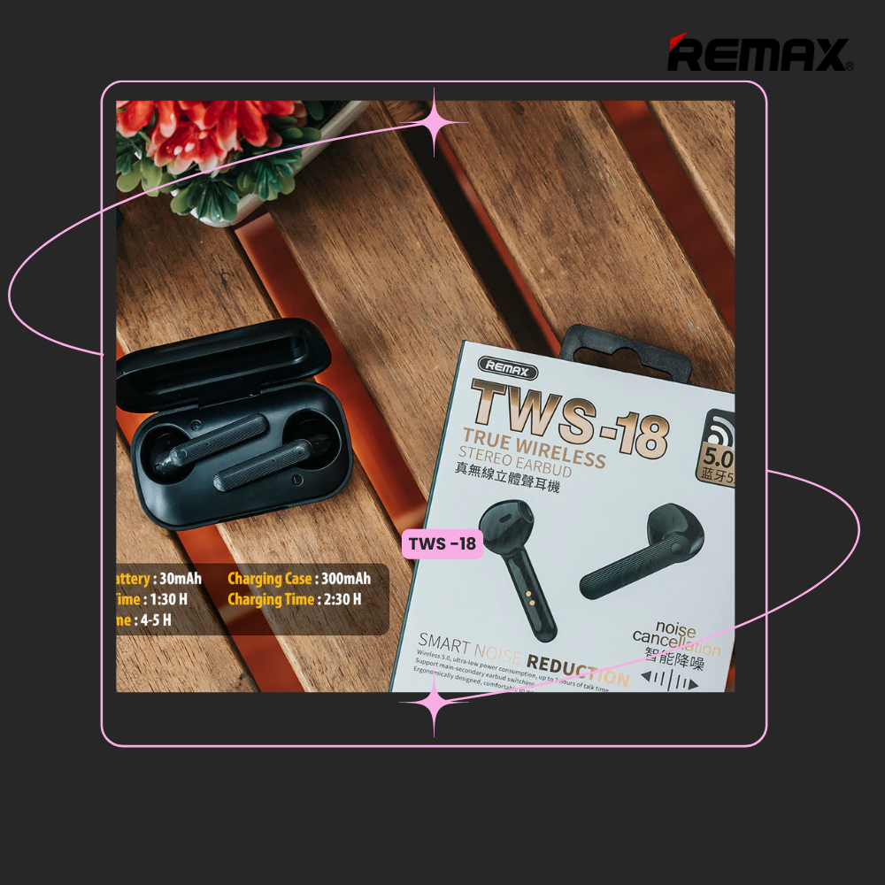REMAX TWS-18 TRUE WIRELESS STEREO MUSIC, EARBUDS (5.0 WIRELESS),TWS Bluetooth , TWS Earbuds , Wireless Earbuds , TWS Earphones , TWS i12 , Best Wireless Earbuds for iPhone , Android , Budget wireless earbuds-Black