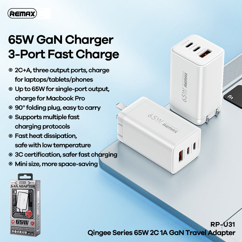 REMAX---RP-U31 QINGEE SERIES 65W 2C 1A GAN TRAVEL ADAPTER RP-U31 CN , FAST CHARGER