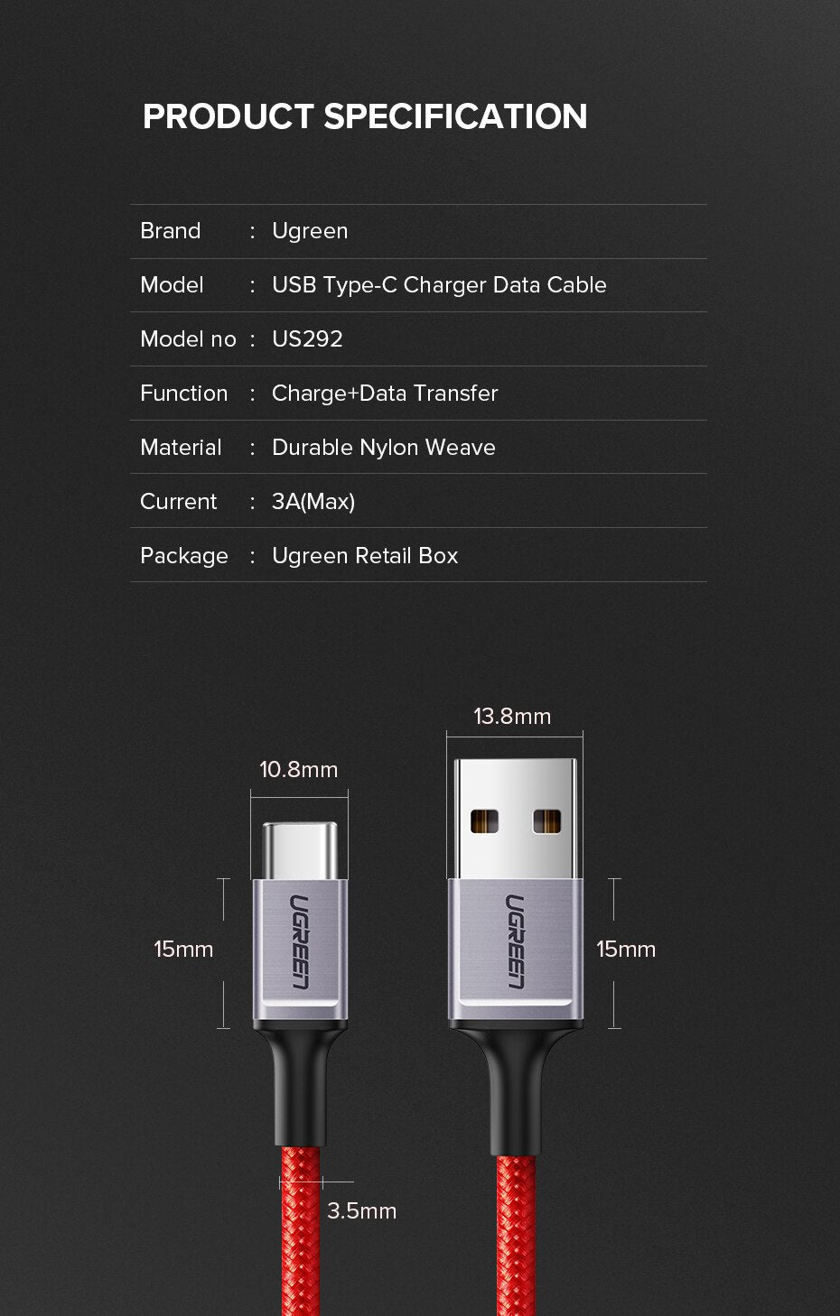 UGREEN US292 USB TO USB 2.0 TYPE.C CABLE 1M (QC3.0A) (5V2A - 480MB) (NYLON BRAID) (NICKEL PLATING ALUMINUM BRAID) - Red