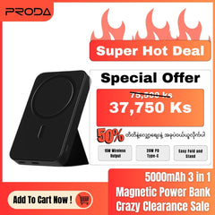 PRODA PD-V11 5000MAH 3 IN 1 PD 20W HOLDER MAGNETIC WIRELESS 15W MAX POWER BANK (SUPPORTING IPH 12/13)(OUTPUT-WIRELESS/INPUT-IPH) (TYPE-C-IN/OUT) - Black
