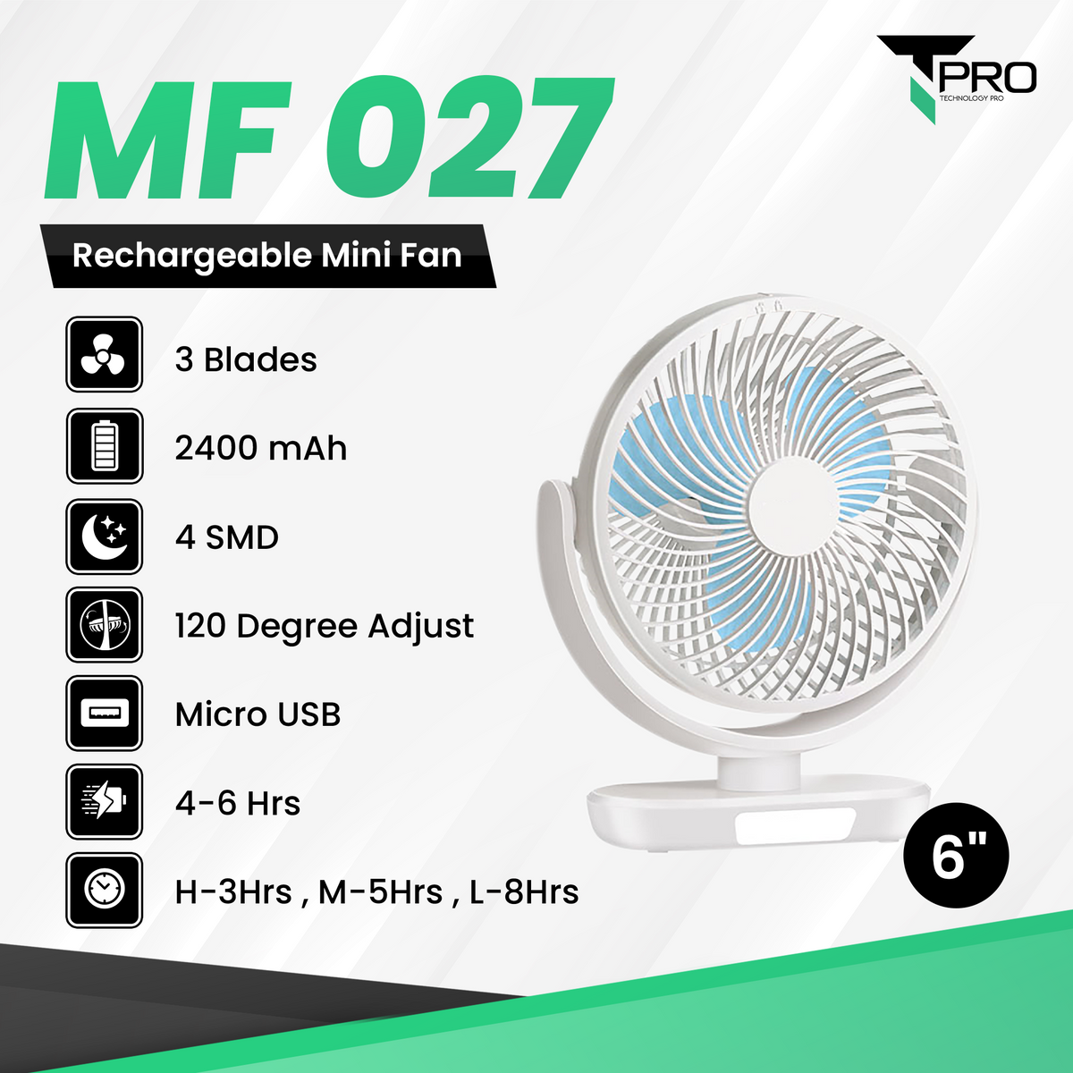 T PRO CTL-MF027-6 LONTOR 6INCHESRECHARGEABLE MINI FAN (3 SPEEDS 8 W/4SMD/USB INPUT)