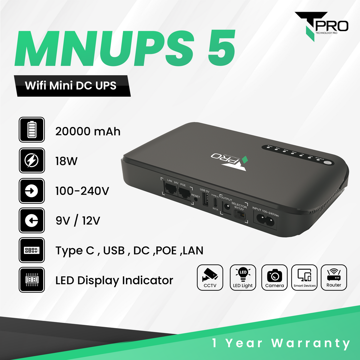 T PRO TP-MNUPS 5 20000MAH 18W MULTIFUNCTION NETWORK DC UPS