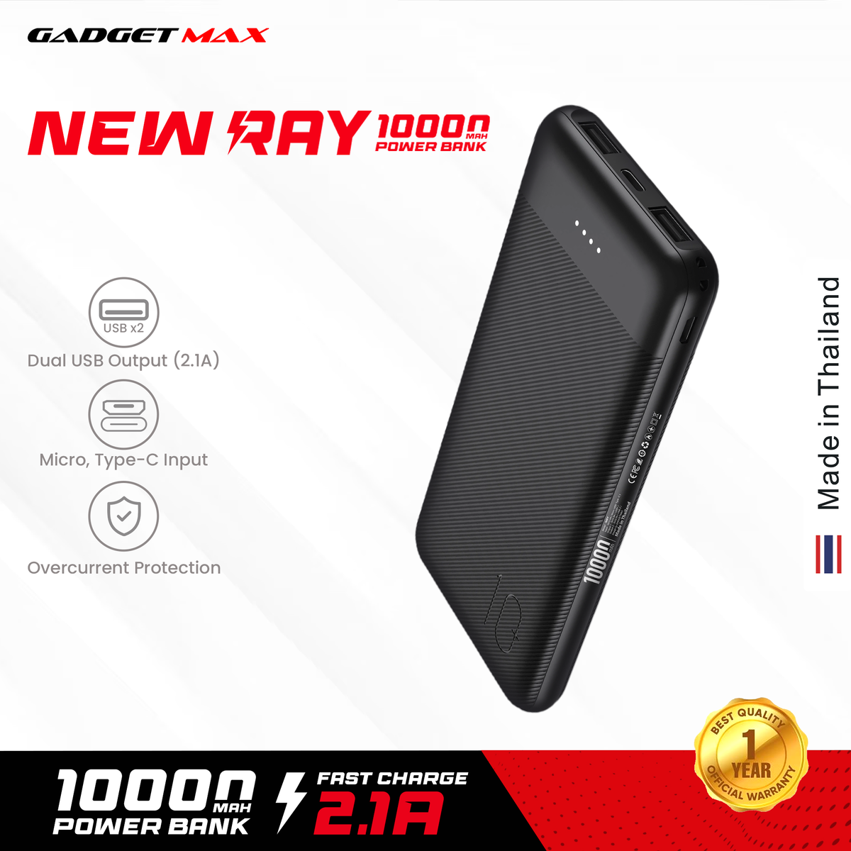 GADGET MAX 10000mAh NEW RAY POWER BANK 10000mAh(5V/2.1A)(OUTPUT-2USB/INPUT-MICRO,TYPE-C), 10000 mAh Power bank, All-in-one Power Bank-Black