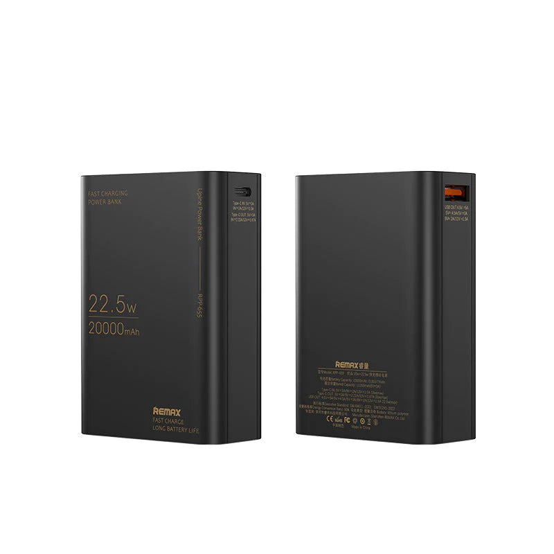 REMAX RPP-655 20000MAH UPINE 20W+22.5W PD+QC FAST CHARGING POWER BANK (FIREPROOF) (INPUT-TYPE-C) (OUTPUT-USB/TYPE-C)-Black