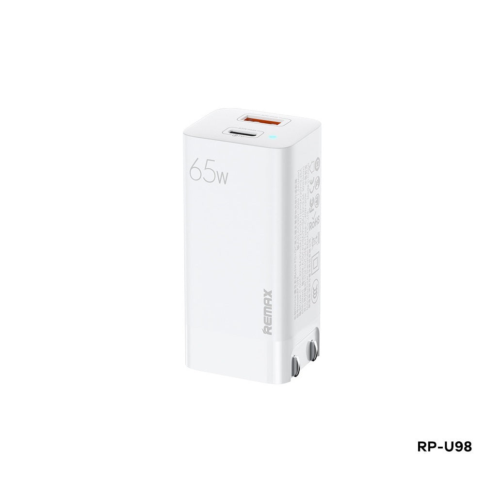 REMAX RP-U98 SIYA SERIES GAN 65W PD+QC MULTI-COMPATIBLE FOLDING FAST CHARGER (USB-1/TYPE-C-1)(CN), GAN Charger, PD+QC Charger, 65W Charger