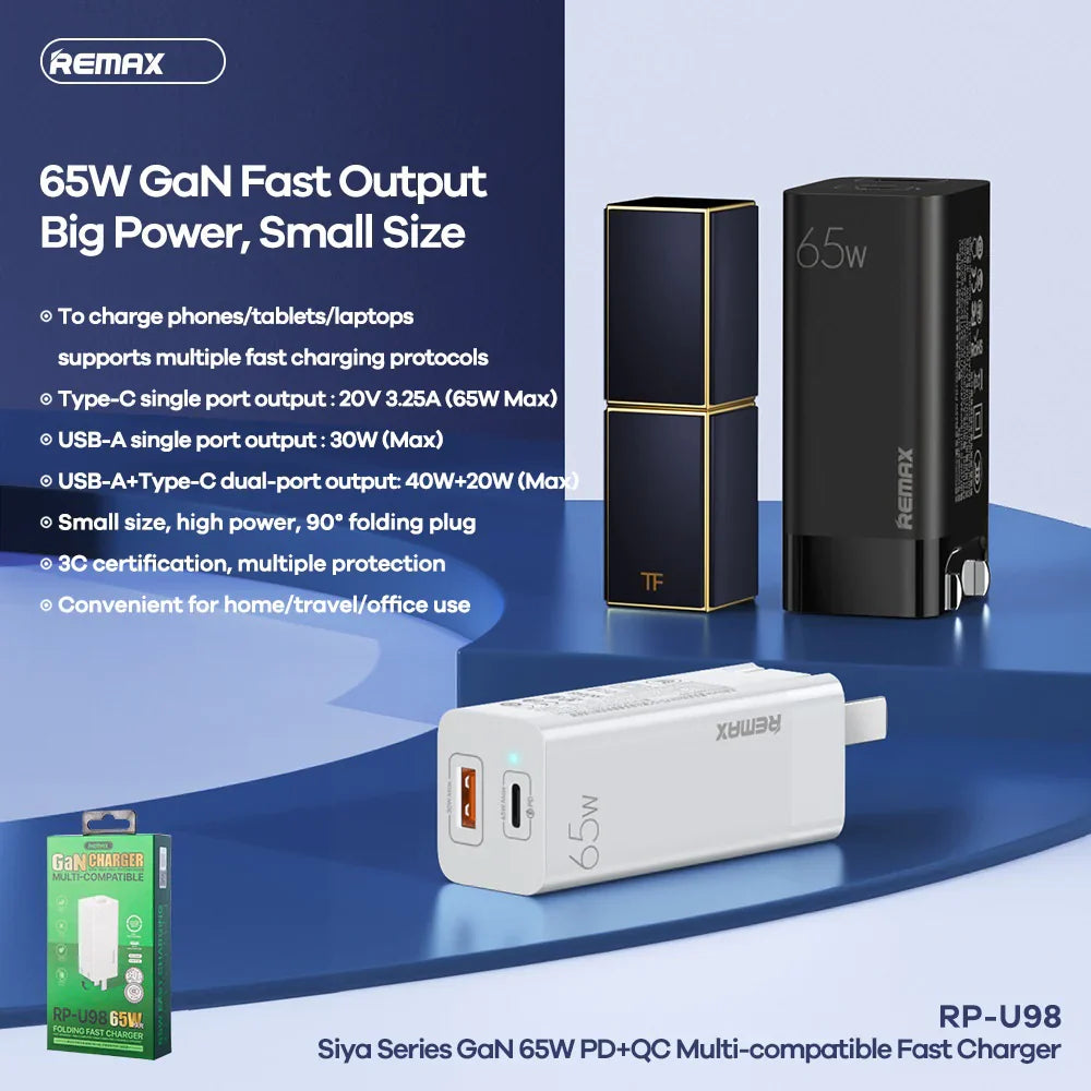 REMAX RP-U98 SIYA SERIES GAN 65W PD+QC MULTI-COMPATIBLE FOLDING FAST CHARGER (USB-1/TYPE-C-1)(CN), GAN Charger, PD+QC Charger, 65W Charger