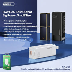 REMAX RP-U98 SIYA SERIES GAN 65W PD+QC MULTI-COMPATIBLE FOLDING FAST CHARGER (USB-1/TYPE-C-1)(CN), GAN Charger, PD+QC Charger, 65W Charger