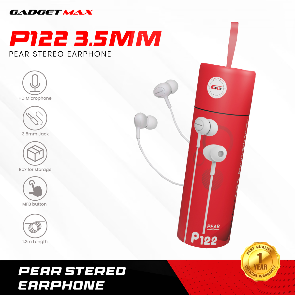 GADGET MAX P122 PEAR STEREO EARPHONE (3.5MM) WIRED EARPHONE - WHITE
