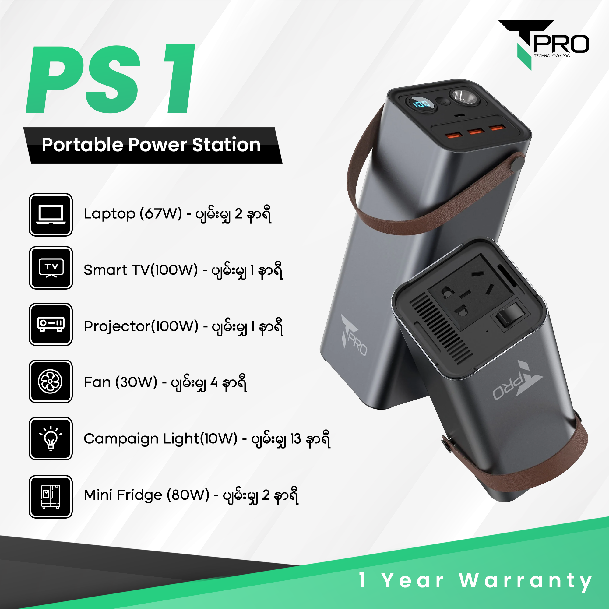 T PRO TP-PS 1 PORTABLE POWER STATION (46200mAh)