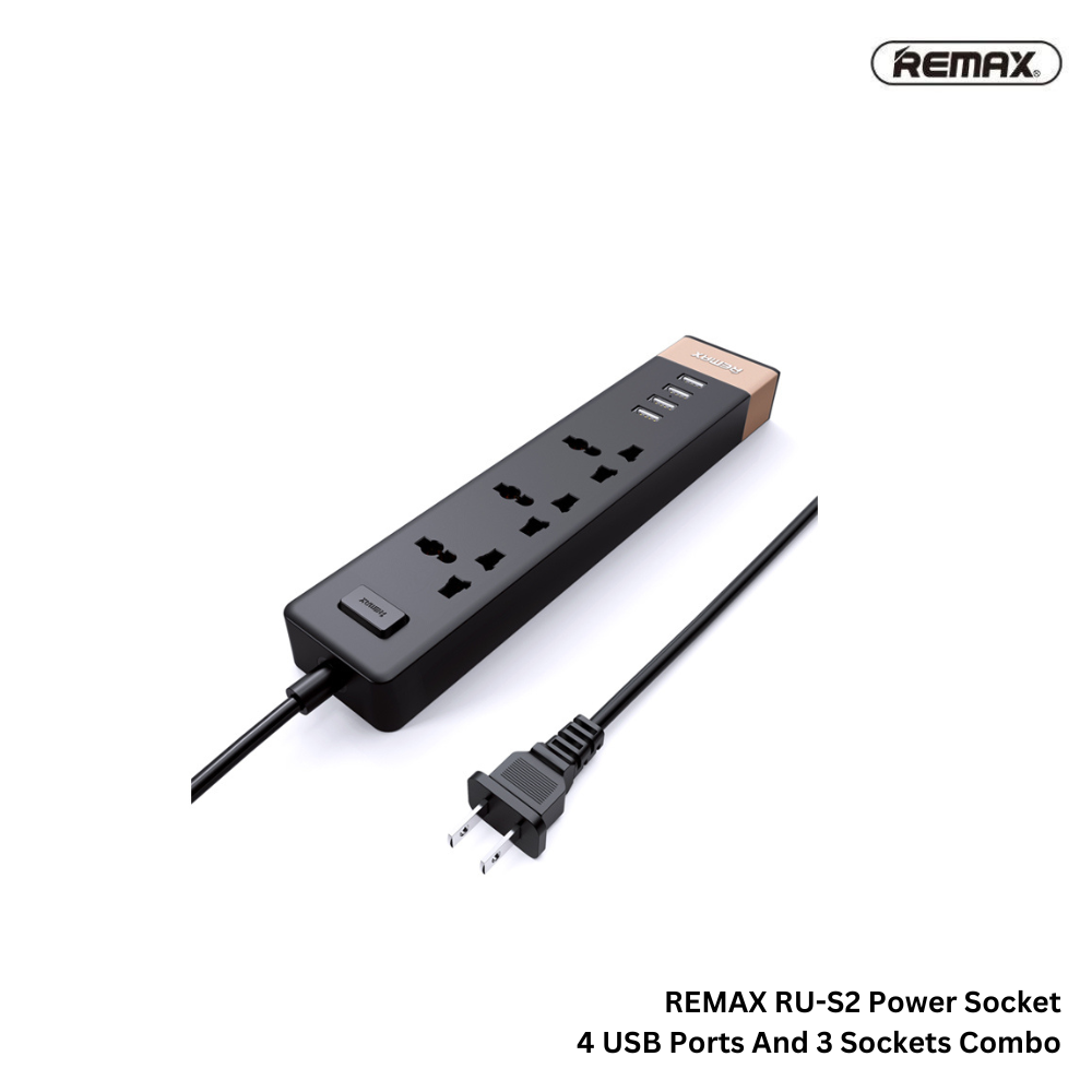 REMAX RU-S2 US(4USB) 3Power Socket Min Series Power Stocket 2M 2.4A,Power Socket , Extension Power Socket , Muti Plug Electrical Extension , 2 Pins extension socket , Extension Cord with USB Port ,Portable Strip plug adapter  , Fast Charging socket