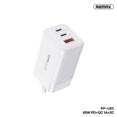 REMAX RP-U83 JAKER II SERIES 65W PD+QC GAN FOLDABLE CHARGER CN ( 1USB / 2TYPE-C ), 65W GAN Charger, PD+QC Charger , FAST CHARGER
