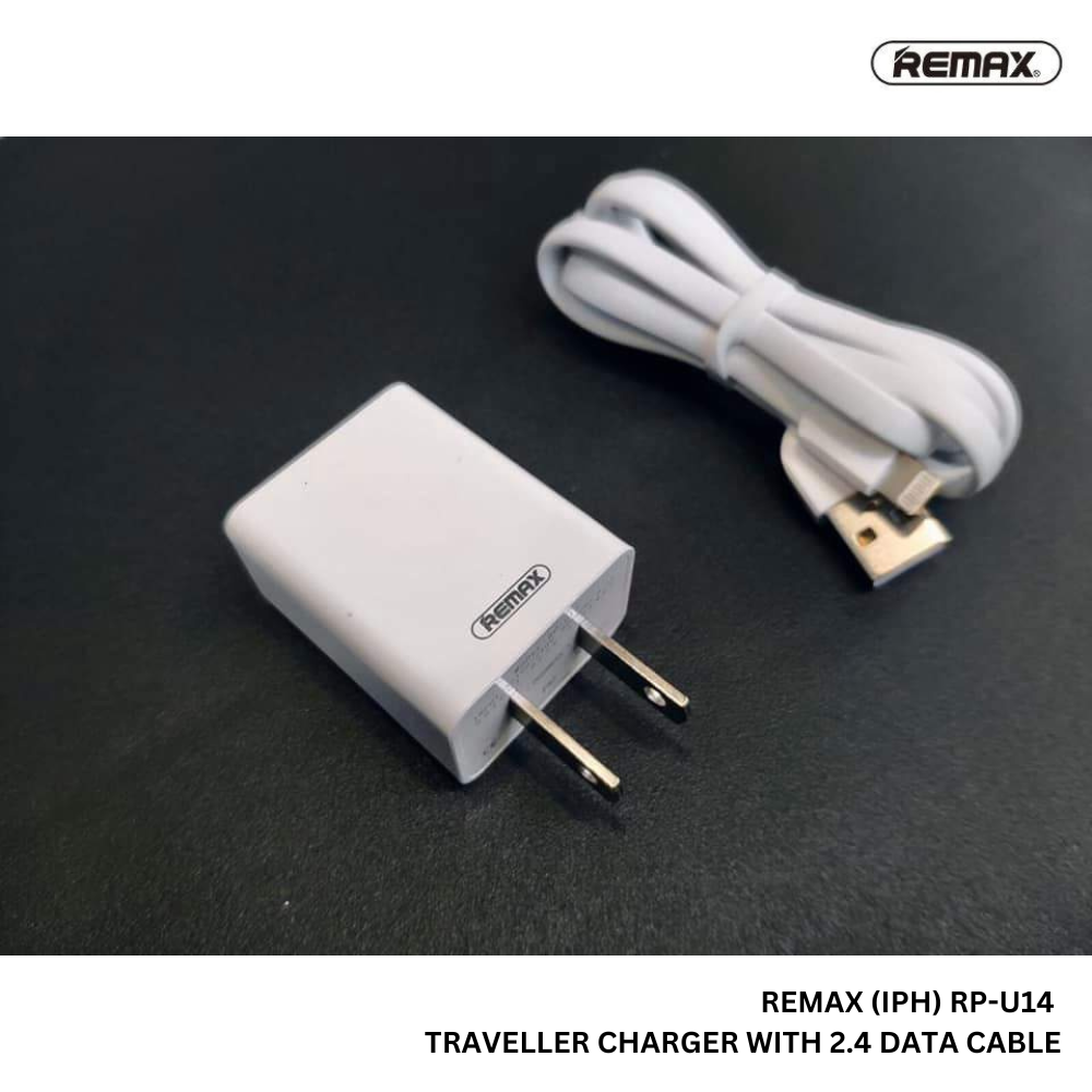 REMAX (I-PH)RP-U14 TRAVELLER CHARGER WITH 2.4 DATA CABLE, Travel Charger , Smart Travel Adapter , World Travel Adapter , Universal Travel Adapter Travel Charger for mobile ,travel charger , Charger Set , Universal Adapter Socket ,