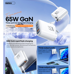 Remax RP-U60 Figen Series 65W Gan Folding Charger (2 Type C + 1 USB)