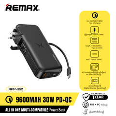 Remax RPP-252 9600mAh 30W PD+QC Glory Series All in One Multi-Compatible Power Bank - Black