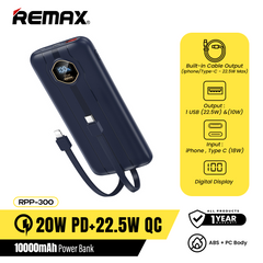 REMAX RPP-300 10000mAh PINJUR SERIES 20W+22.5W PD+QC FAST CHARGING CABLED POWER BANK (OUTPUT-1USB,IPH/TYPE-C CABLE/INPUT-IPH/TYPE-C ), PD+QC Power Bank, 10000mAh Power Bank, 20W+22.5W Power Bank, Fast Charging Power Bank-Blue