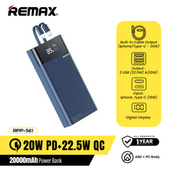 REMAX RPP-561 20000mAh RIJI II SERIES PD20W+QC22.5W CABLED FAST CHARGING POWER BANK WITH COLORED SCREEN (INPUT-TYPE C/IPH/TYPE C CABLE)(OUTPUT-USB A1/A2/TYPE C CABLE)-Blue