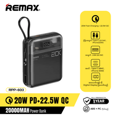 Remax RPP-603 20000mAh Sucha Pro Series 20W + 22.5W Power Bank with 2 Fast Charging Cables - White