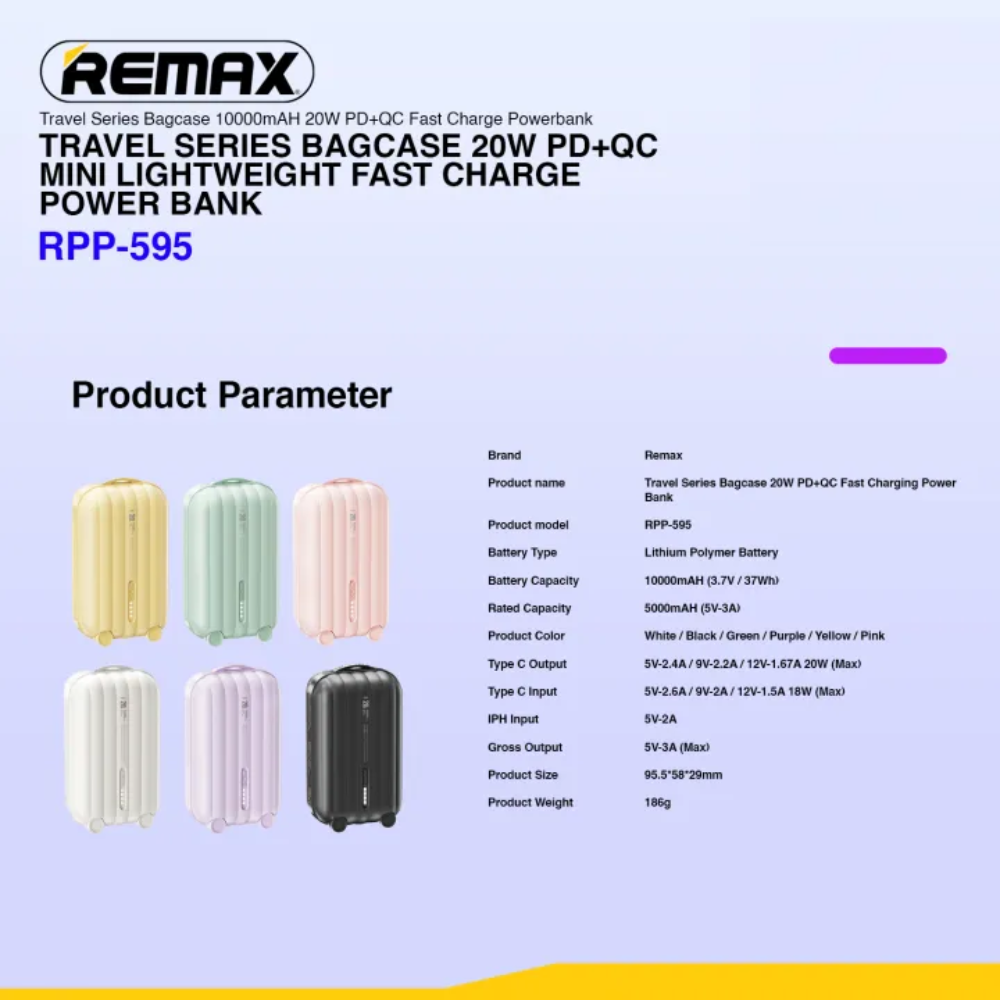 REMAX RPP-595 10000mAh BAGCASE 20W PD+QC FAST CHARGING POWER BANK (INPUT-TYPE-C/IPH) (OUTPUT-TYPE-C)-Pink