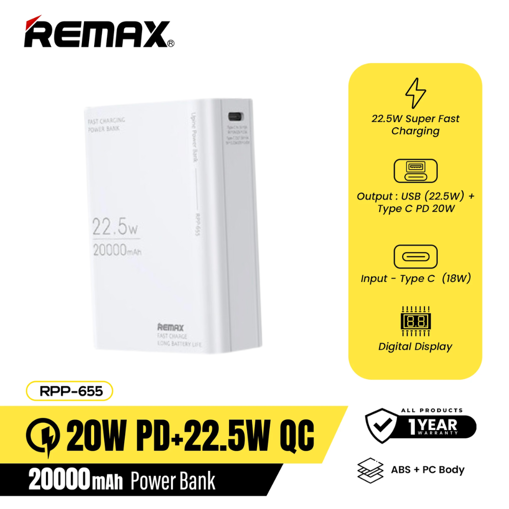 REMAX RPP-655 20000MAH UPINE 20W+22.5W PD+QC FAST CHARGING POWER BANK (FIREPROOF) (INPUT-TYPE-C) (OUTPUT-USB/TYPE-C)-White