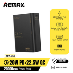 REMAX RPP-655 20000MAH UPINE 20W+22.5W PD+QC FAST CHARGING POWER BANK (FIREPROOF) (INPUT-TYPE-C) (OUTPUT-USB/TYPE-C)-Black