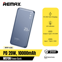 REMAX RPP-636 10000MAH WEFON 20W ULTRATHIN METAL FAST CHARGING POWER BANK (TYPE-C IN/OUT)-Blue