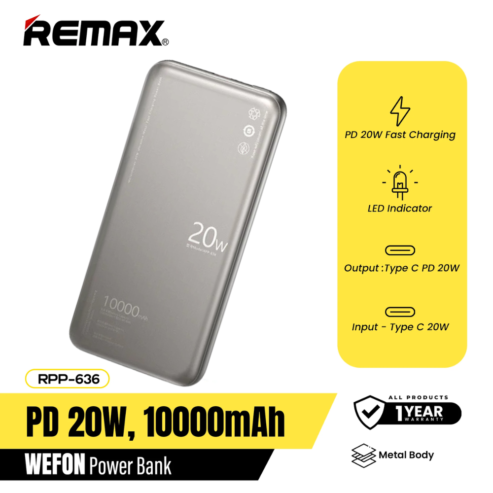 REMAX RPP-636 10000MAH WEFON 20W ULTRATHIN METAL FAST CHARGING POWER BANK (TYPE-C IN/OUT)-Grey