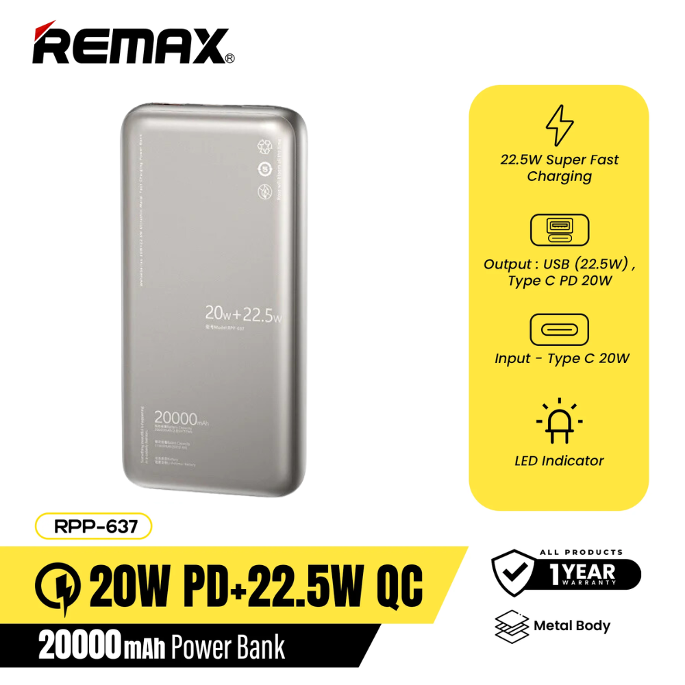 REMAX RPP-637 20000MAH WEFON 20W+22.5W PD+QC ULTRATHIN METAL FAST CHARG-BlueING POWER BANK (INPUT-TYPE-C) (OUTPUT-USB/TYPE-C)-Grey