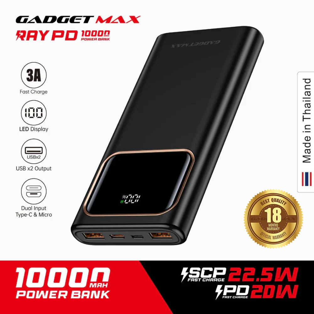 GADGET MAX RAY PD Series 10000mAh PD+QC Fast Charging Power Bank(PD 20W+QC 22.5W) - Black