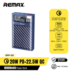 REMAX RPP-551 10000mAh EXPLORE SERIES PD 20W+22.5W PD+QC FAST CHARGING POWER BANK (OUTPUT-USB/TYPE-C) (INPUT-MICRO/TYPE-C), PD Power Bank, Transparent Power Bank