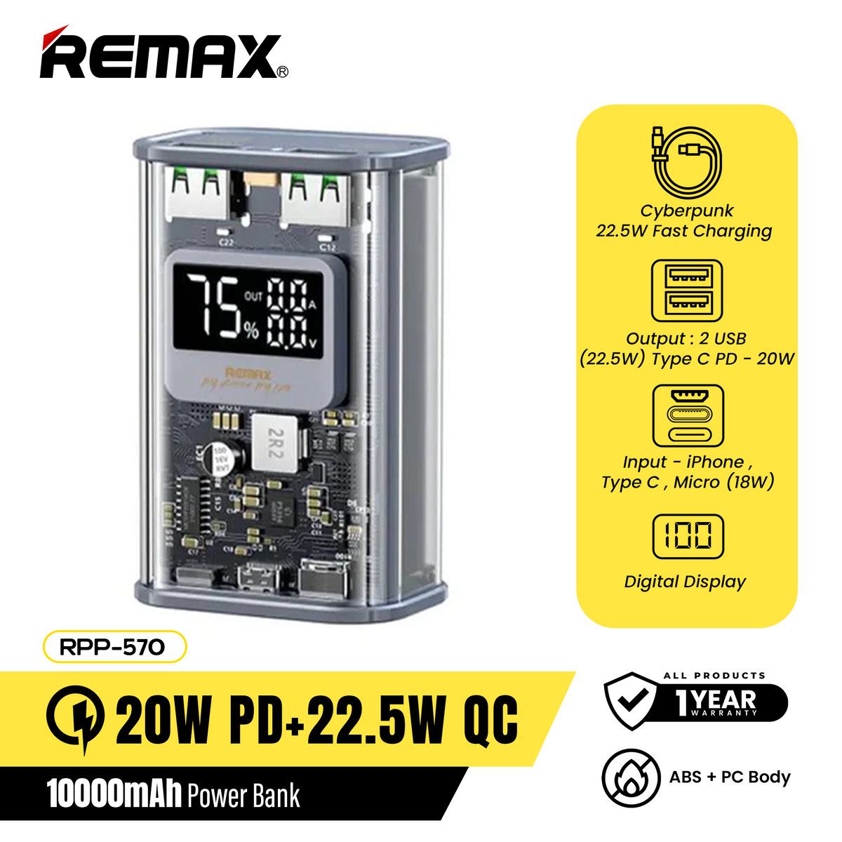 REMAX RPP-570 10000mAh CYBO SERIES PD 20W+QC 22.5W PUNK-STYLE FAST CHARGING POWER BANK, PD QC Power Bank, Fast Charging Power Bank, Transparent Power Bank-Grey