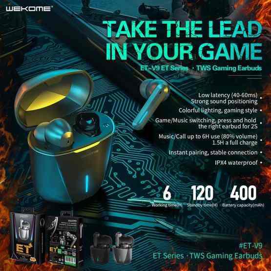 WK ET-V9 TWS (GAMING) EARBUDS (V5.0), TWS Earbuds, Gaming Earbuds, TWS Earbuds , Wireless Earbuds , TWS Earphones , Best Wireless Earbuds for iPhone , Android , Budget wireless earbuds