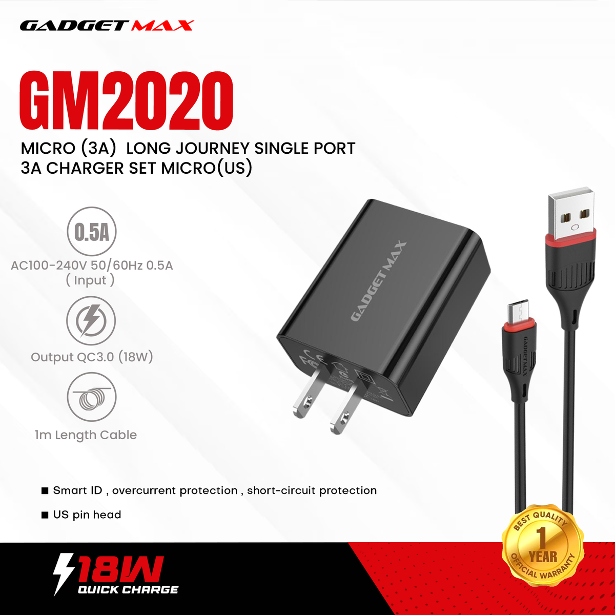 GADGET MAX GM2020 3A QUICK CHARGER WITH MICRO DATA CABLE - WHITE