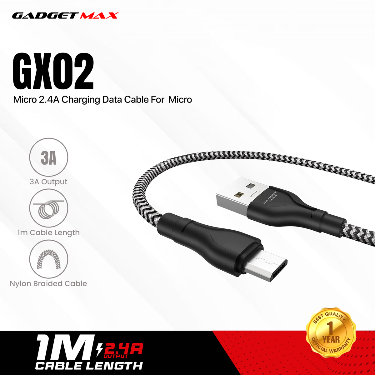 GADGET MAX GX02 MICRO 3A CHARGING DATA CABLE FOR MICRO (3A)(1M) - BLACK RED