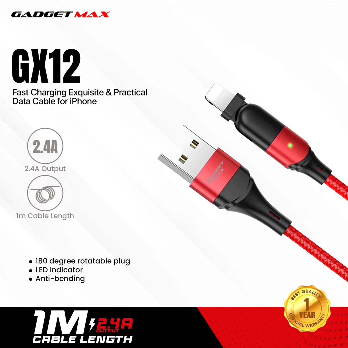 GADGET MAX GX12 FAST CHARGING EXQUISITE & PRACTICAL DATA CABLE FOR IPH (2.4A) (1.2M)  - ?BLACK