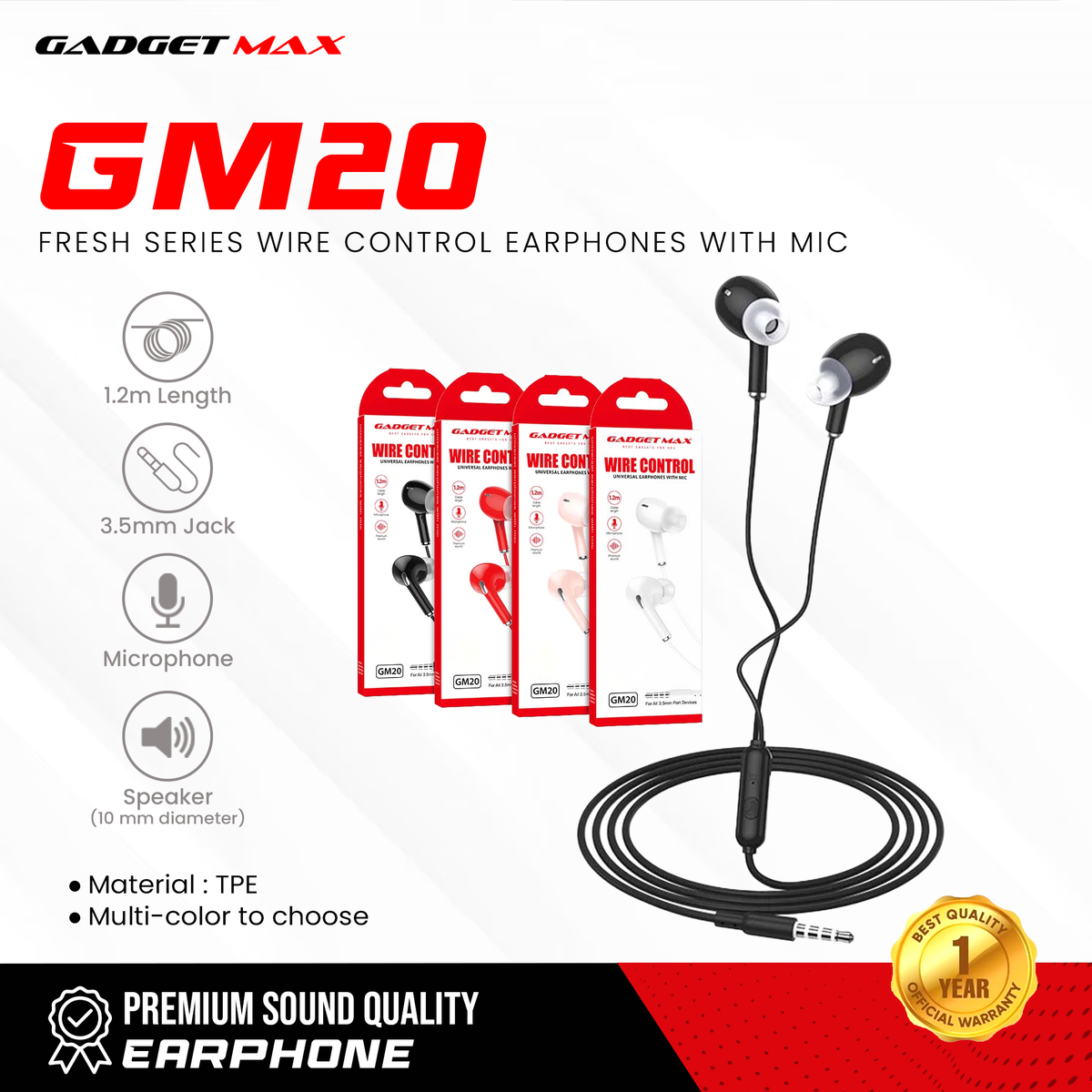 GADGET MAX GM20  3.5MM EARPHONE CONTROL UNIVERSAL EARPHONES WITH MIC (1.2M) Wired Earphone - BLACK