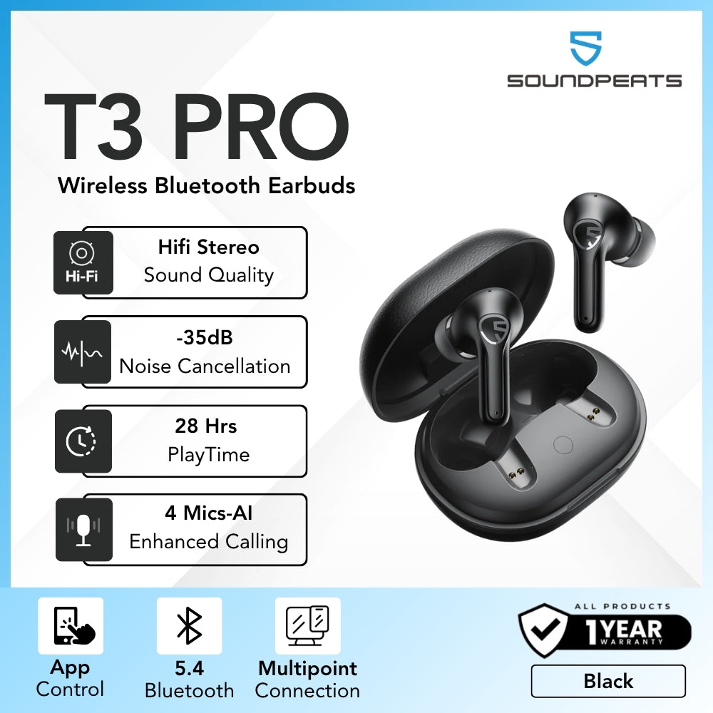 SOUNDPEATS - T3 Pro Call Noise Cancellation Bluetooth Wireless Earbuds - Black